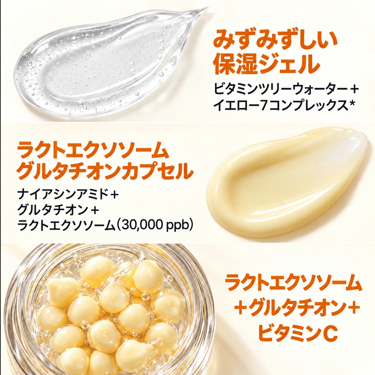 イエローカプセルが透明ジェルに溶け込む様子 透明感ケア 韓国カプセルクリームのテクスチャー
